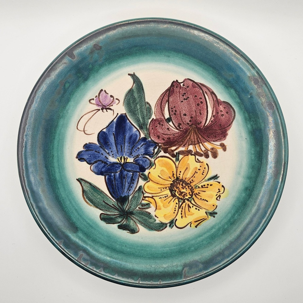 Allgauer Keramik Handarbeit Wall Plate Floral Germany‎ Crackle Glaze Art Pottery